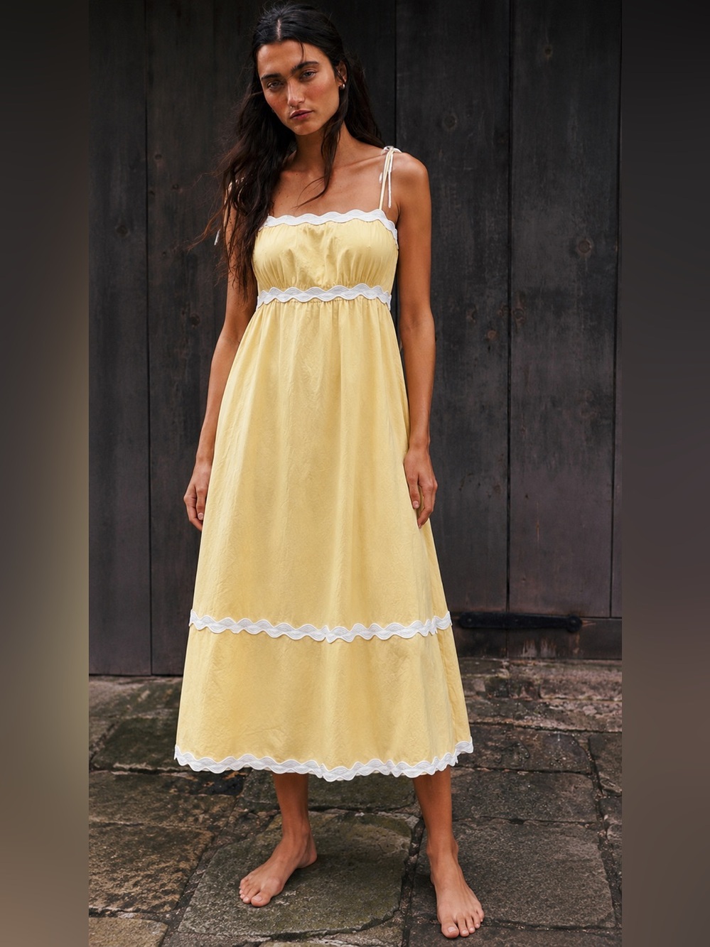 Yellow Lace-Trim Midi Sundress with Tie Straps